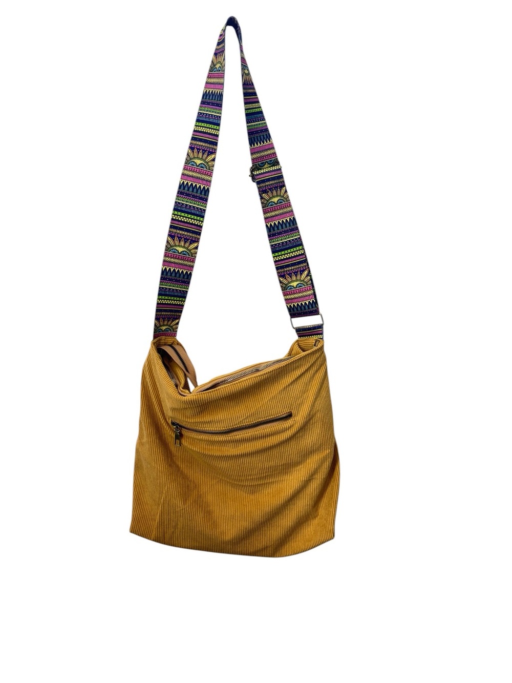 Tucson Boho Corduroy Crossbody Bag with Tribal Geometric Strap - Mustard Yellow